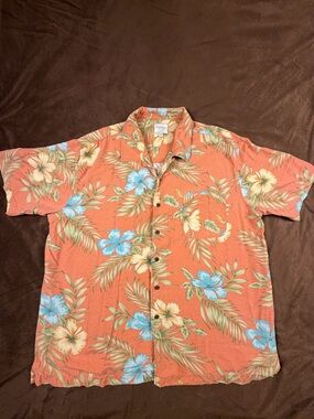 Trader Bay Coral Tropical Floral Short-Sleeve Button-Up Shirt Silk